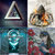 Four distinct pixelated images arranged in a 2x2 grid: a white triangle on dark background, a textured object with orange glow, a glowing blue-green shape, and a figure with red and dark elements.