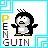 Pixel art penguin with black body, white belly, yellow beak and feet stands in four variations within a blue geometric border.