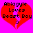 A pixelated red heart with a vertical crack, pink background, and black text reading "Abiagyle Loves Beast Boy :)" in a retro digital style.