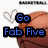 Six distinct text blocks with names and numbers over a basketball background, each in different colors.