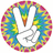 A circular rainbow-patterned icon with a white peace sign at center, next to bright pink background displaying yellow pixelated text 'AYYOO!!'