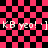 Pixelated animation of pink and black checkered background with repeated text 'KB yeo! -]' and a rotating circular pattern