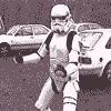 Stormtrooper figures in white armor with black backpacks walk left to right across a background of white cars on a dark purple field.