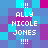 Pixelated of cyan and purple squares with repeated white text 'ALLY NICOLE JONES' and '!!!!' in four identical sections