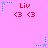 Pink background with red 'Liv' text, two red '<3' symbols, and blue star icons in various positions