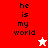 A split-screen image with red, white, and pink sections displaying 'he is my world' text and star symbols.