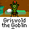 Animated contact sheet of 16 frames showing a green goblin character named Griswold performing various actions with red circular objects against a brown background.