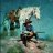 Pixelated image of two figures on horseback against a teal background with green and brown tones.