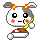 Pixel art rabbit with gray ears and orange flower headband eats from bowl using yellow spoon, showing multiple facial expressions.