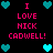 Pixelated icon displays 'I LOVE NICK CADWELL!' text with cyan hearts on black background, featuring two distinct heart arrangements in a single frame.
