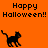 Pixelated orange background with four 'Happy Halloween!!' text blocks and black cat silhouettes in various poses.