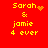 Red background with yellow pixelated text "Sarah & jamie 4 ever" in four , each showing different animation states of small symbols next to "Sarah"