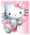 Static pixelated cartoon icon of a white cat with black eyes, yellow nose, and pink bow holding a flower against a pink background.