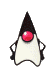 A cartoon character with a black pointed hat, white body, and red circular eye performs sequential hand gestures against a gray background.
