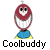 Two side-by-side animated frames of a red cartoon character with blue pants and yellow feet on a white background, each labeled "Coolbuddy" below.