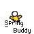 Animated contact sheet of a yellow stick figure performing springing motions with white head and black limbs, labeled "Spring Buddy" in pixelated text below each frame on gray background.