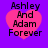 Four identical pixelated heart-shaped icons with text overlay on a purple background, each displaying 'Ashley And Adam Forever' in black font.