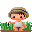 Pixel art contact sheet showing six frames of a child character in straw hat and white shirt planting yellow flowers in green grass with brown soil base.