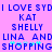 Pixelated blue text on pink background reads 'I LOVE SYDI LOVE SYD KAT KAT SHELLY SHELLY LINA ANDLINA AND SHOPPING SHOPPING' with cyan starbursts below 'SHOPPING' text.
