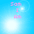 Pixelated pink text "Som I Am" on a light blue background with shifting white lens flares across four