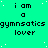Green background with white dots, repeated text "i am a gymnastics lover" in black pixelated font across four