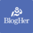 Blue square background with white pixelated text 'BlogHer' and a stylized 'B' icon above it, rendered in low-resolution digital style.