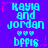 Pixelated text 'KAYIA and JORDAN' with three hearts and 'bpplS' on a purple background, surrounded by pink stars.