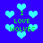 Blue background with light blue heart shapes and green text reading "I LOVE WOLVES" in pixelated font.