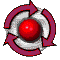 Six circular icons arranged in two of three, each featuring a central red sphere surrounded by rotating purple arrows on a gray background