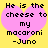 Yellow background with two identical pink hearts containing black pixelated text reading "He is the cheese to my macaroni -Juno".