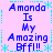 Pixelated text reads "Amanda Is My Amazing Bffl!!" in blue on a light purple background with cyan decorative borders and asterisks.