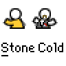 Animated contact sheet of 12 frames showing a yellow stick figure character with white head and red chest mark performing various poses against gray background.