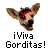 Pixelated dog head with red-black bandana, gray background, and text ¡Viva Gorditas! below.