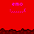 Red background with pink 'emo' text and dotted smiley faces above dark brown jagged borders, repeated across two