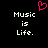 Pixelated text 'Music is Life.' appears twice on a black background with a pink heart symbol above the left instance.