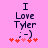 Pixelated text and symbols on a pink background with red heart icons below the phrase "I Love Tyler :)".
