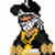 Pixelated cartoon character in black and gold attire with a tricorn hat, holding a white object, displayed across multiple animation frames on a contact sheet.