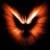 A pixelated orange and white abstract shape resembling a stylized cat face with glowing eyes on a black background.