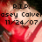 Pixelated image of a person in red clothing with text overlays, showing two states of text change.