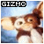 Animated contact sheet of a Gizmo character from Gremlins with text "GIZMO" in pixelated font, showing subtle pose and color variations across six frames.