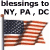 American flag icon with red and white stripes, blue field of stars, and a pole; text above reads "blessings to NY, PA, DC" in black sans-serif font.