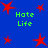 Blue background with red star shapes and green text reading 'Hate Life' repeated four times.