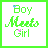 Green 'Boy Meets Girl' text with small blue and pink heart accents on white background, arranged in a of 12 identical