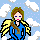 Pixelated angel figure with brown hair, blue eyes, pink lips, yellow wings, and a blue dress against light blue sky background.