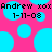 Pixelated text and blue circles on a pink background, with repeated 'Andrew xox' and date '1-11-08' in black font.