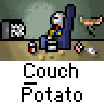 Pixel art animation of a character sitting on a couch with various objects in the background, displayed as a contact sheet with three frames showing slight motion differences.