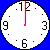 Six analog clocks with white faces and blue dots on a blue background, each showing different times with red hour hands and pink minute markers.
