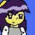 Pixelated character with purple hair and yellow face, wearing gray overalls and white sleeves against blue background.