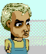 Pixelated character with light brown skin, short curly light green hair, and dark eyebrows wears yellow shirt under blue overalls, holding a brown bottle with white label.