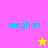 Four quadrant with pink, orange, yellow backgrounds; cyan text 'meghan' in each quadrant; two pixelated stars (yellow and magenta) appear in bottom-right of top-left and bottom-left quadrants